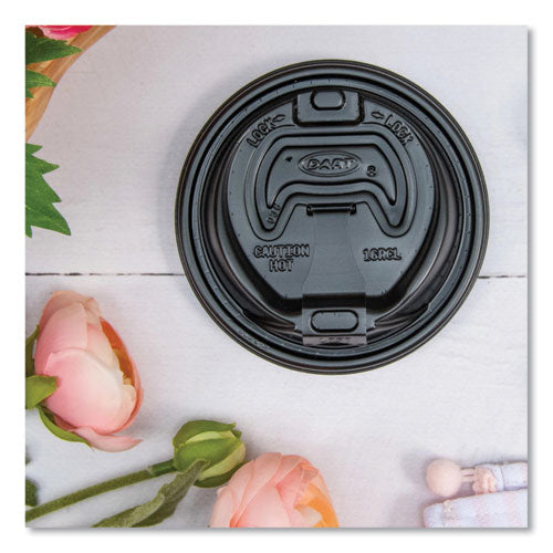 Image of Dart® Optima Reclosable Lid, Fits 12 oz to 24 oz Hot Cups, Plastic, Black, 100/Pack, 10 Packs/Carton