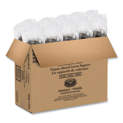 Image of Dart® Optima Reclosable Lid, Fits 12 oz to 24 oz Hot Cups, Plastic, Black, 100/Pack, 10 Packs/Carton