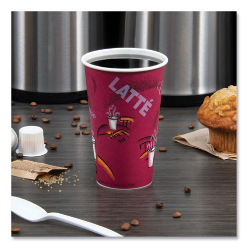 Image of SOLO® Paper Hot Drink Cups in Bistro Design, 16 oz, Maroon, 50/Pack