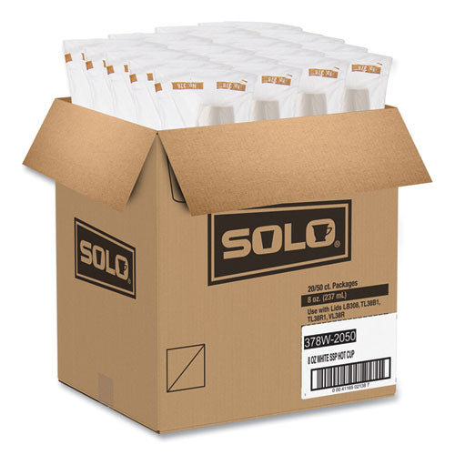 Image of SOLO® Single-Sided Poly Paper Hot Cups, 8 Oz, White, 50/bag, 20 Bags/carton