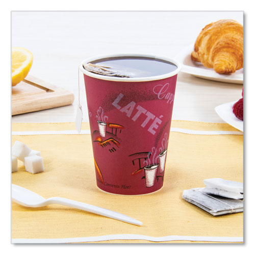 Image of SOLO® Paper Hot Drink Cups in Bistro Design, 12 oz, Maroon, 50/Pack