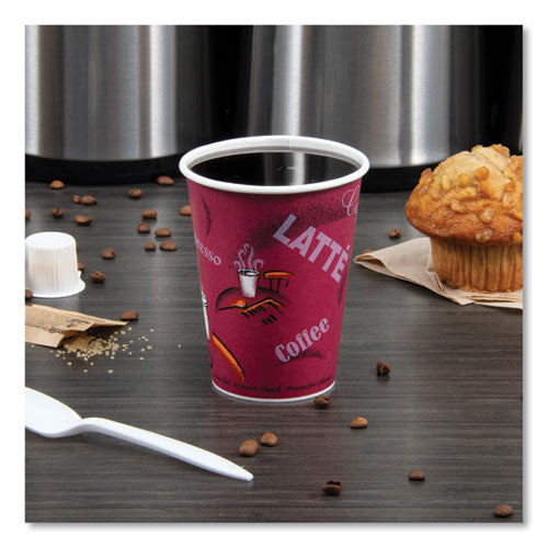 Image of SOLO® Paper Hot Drink Cups in Bistro Design, 12 oz, Maroon, 50/Pack