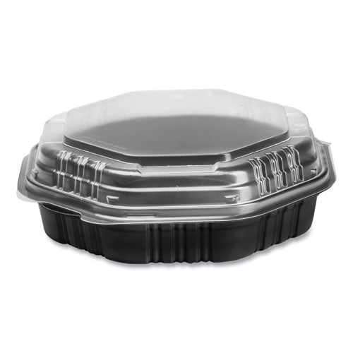 Image of SOLO® OctaView Hinged-Lid Hot Food Containers, 31 oz, 9.55 x 9.1 x 3, Black/Clear, Plastic, 100/Carton