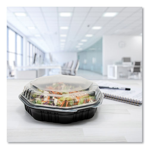 Image of SOLO® OctaView Hinged-Lid Hot Food Containers, 31 oz, 9.55 x 9.1 x 3, Black/Clear, Plastic, 100/Carton
