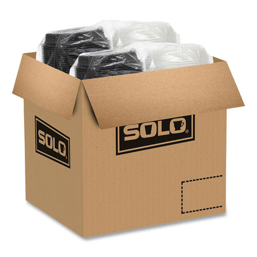 Image of SOLO® OctaView Hinged-Lid Hot Food Containers, 31 oz, 9.55 x 9.1 x 3, Black/Clear, Plastic, 100/Carton