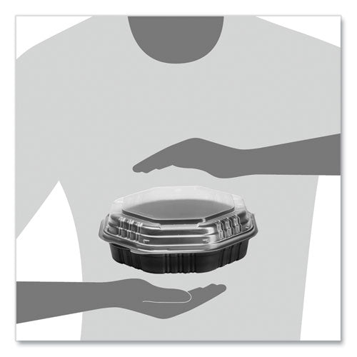 Image of SOLO® OctaView Hinged-Lid Hot Food Containers, 31 oz, 9.55 x 9.1 x 3, Black/Clear, Plastic, 100/Carton
