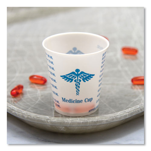 Image of SOLO® Paper Medical and Dental Graduated Cups, 3 oz, Paper, White/Blue, 100/Bag, 50 Bags/Carton