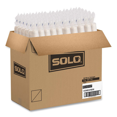 Image of SOLO® Paper Medical and Dental Graduated Cups, 3 oz, Paper, White/Blue, 100/Bag, 50 Bags/Carton