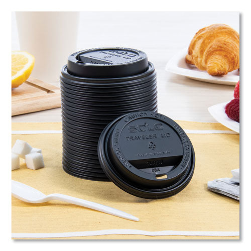 Image of SOLO® Traveler Cappuccino Style Dome Lid, Fits 10 oz to 24 oz Hot Cups, Plastic, Black, 100/Sleeve, 10 Sleeves/Carton
