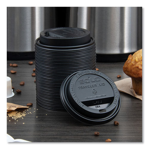 Image of SOLO® Traveler Cappuccino Style Dome Lid, Fits 10 oz to 24 oz Hot Cups, Plastic, Black, 100/Sleeve, 10 Sleeves/Carton