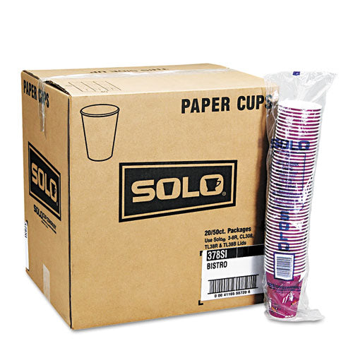Image of SOLO® Paper Hot Drink Cups in Bistro Design, 12 oz, Maroon, 50/Bag, 20 Bags/Carton