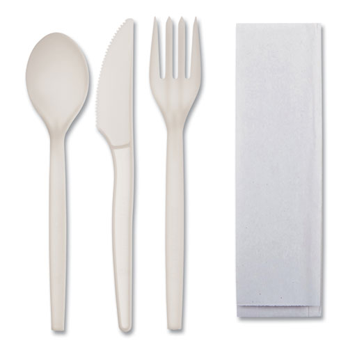 Image of WNA EcoSense Renewable PSM Wrapped Cutlery Kit, Fork/Knife/Napkin/Spoon, Plastic, White, 250/Carton