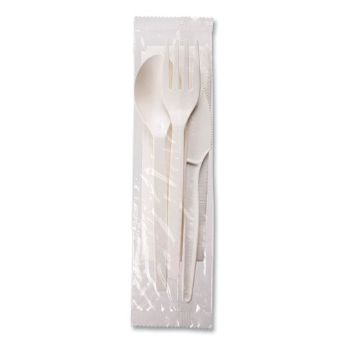 Image of WNA EcoSense Renewable PSM Wrapped Cutlery Kit, Fork/Knife/Napkin/Spoon, Plastic, White, 250/Carton