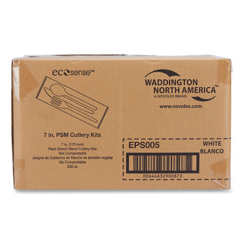 Image of WNA EcoSense Renewable PSM Wrapped Cutlery Kit, Fork/Knife/Napkin/Spoon, Plastic, White, 250/Carton