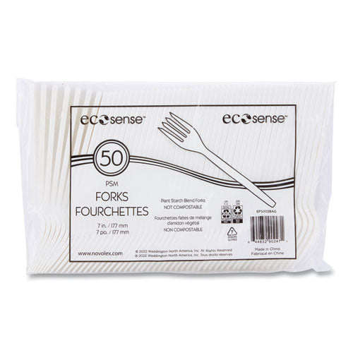 Image of WNA EcoSense Renewable Plant Starch Cutlery, Fork, Plastic, Cream, 50/Pack, 20 Packs/Carton