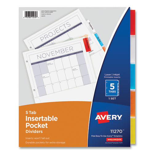 Image of Avery® Insertable Dividers w/Single Pockets, 5-Tab, 11.25 x 9.13, White, 1 Set