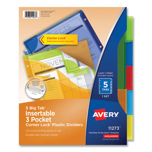 Image of Avery® Insertable Big Tab Plastic Three-Pocket Corner Lock Dividers, 5-Tab, 11.13 X 9.25, Assorted, 1 Set