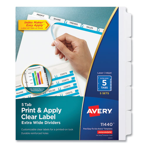 Image of Avery® Print and Apply Index Maker Clear Label Dividers, Extra Wide Tab, 5-Tab, White Tabs, 11.25 x 9.25, White, 5 Sets