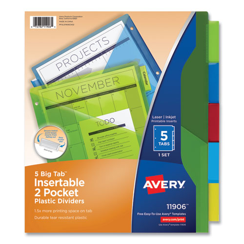 Image of Avery® Insertable Big Tab Plastic 2-Pocket Dividers, 5-Tab, 11.13 X 9.25, Assorted, 1 Set