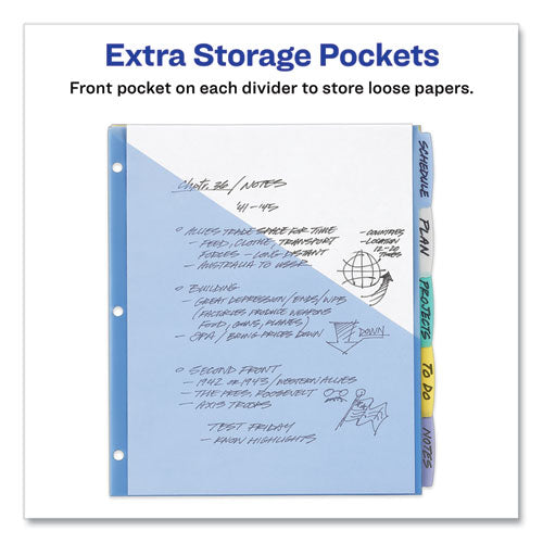 Image of Avery® Write and Erase Durable Plastic Dividers with Slash Pocket, 3-Hold Punched, 5-Tab, 11.13 x 9.25, Assorted, 1 Set