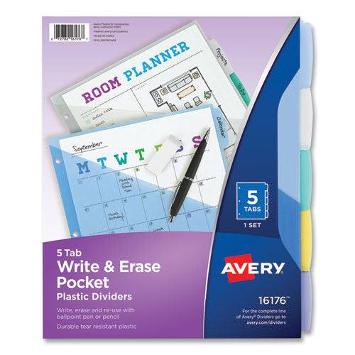 Image of Avery® Write and Erase Durable Plastic Dividers with Slash Pocket, 3-Hold Punched, 5-Tab, 11.13 x 9.25, Assorted, 1 Set
