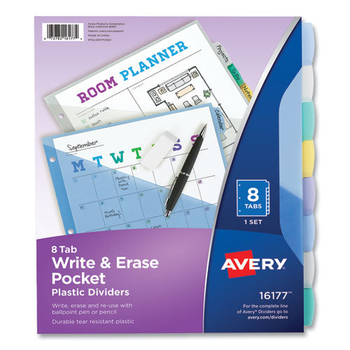 Image of Avery® Write and Erase Durable Plastic Dividers with Slash Pocket, 3-Hold Punched, 8-Tab, 11.13 x 9.25, Assorted, 1 Set