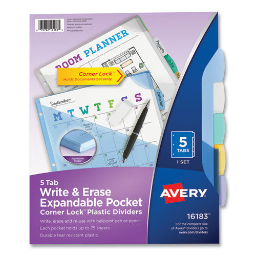 Image of Avery® Write and Erase Big Tab Durable Plastic Dividers, Expandable Pocket, 3-Hole Punched, 5-Tab, 11 x 8.5, Assorted, 1 Set