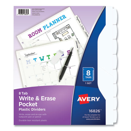 Image of Avery® Write and Erase Durable Plastic Dividers with Straight Pocket, 8-Tab, 11.13 x 9.25, White, 1 Set