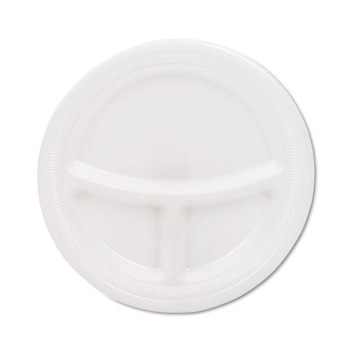 Image of Dart® Mediumweight Foam Plates, 3-Compartment Plate, 9" dia, White, 125/Pack