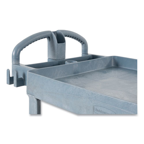 Image of Rubbermaid® Commercial BRUTE Heavy-Duty Ergo Handle Utility Cart, Plastic, 2 Shelves, 750 lb Capacity, 26" x 55" x 33.25", Gray