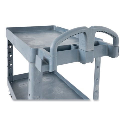 Image of Rubbermaid® Commercial BRUTE Heavy-Duty Ergo Handle Utility Cart, Plastic, 2 Shelves, 750 lb Capacity, 26" x 55" x 33.25", Gray