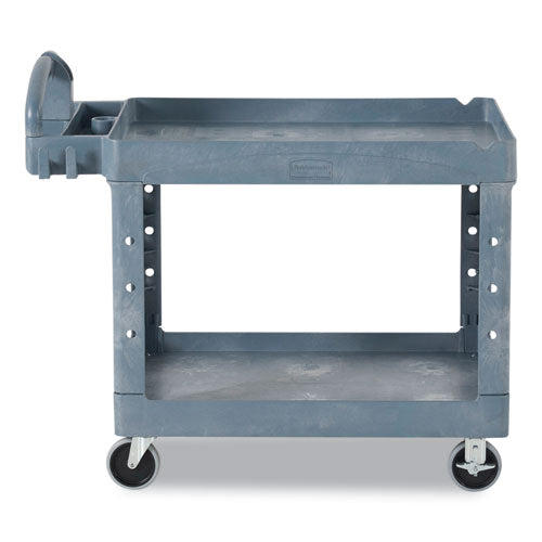Image of Rubbermaid® Commercial BRUTE Heavy-Duty Ergo Handle Utility Cart, Plastic, 2 Shelves, 750 lb Capacity, 26" x 55" x 33.25", Gray