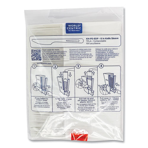 Image of World Centric® Cutlery Dispenser Refills, Knife, Plastic, White, 100/Bag, 10 Bags/Carton
