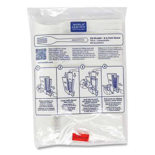 Image of World Centric® Cutlery Dispenser Refills, Fork, Plastic, White, 100/Bag, 10 Bags/Carton