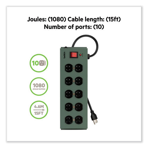 Image of Belkin® Metal SurgeMaster Surge Protector, 10 AC Outlets, 15 ft Cord, 885 J, Dark Gray
