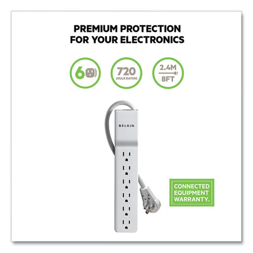 Image of Belkin® Home/Office Surge Protector with Rotating Plug, 6 AC Outlets, 8 ft Cord, 720 J, White