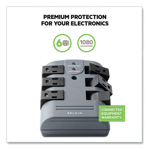 Image of Belkin® Pivot Plug Surge Protector, 6 AC Outlets, 1,080 J, Gray