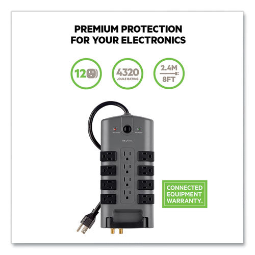 Image of Belkin® Pivot Plug Surge Protector, 12 AC Outlets, 8 ft Cord, 4,320 J, Gray