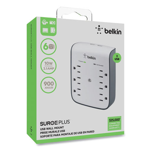 Image of Belkin® SurgePlus USB Wall Mount Charger, 6 AC Outlets/2 USB Ports, 900 J, White/Black