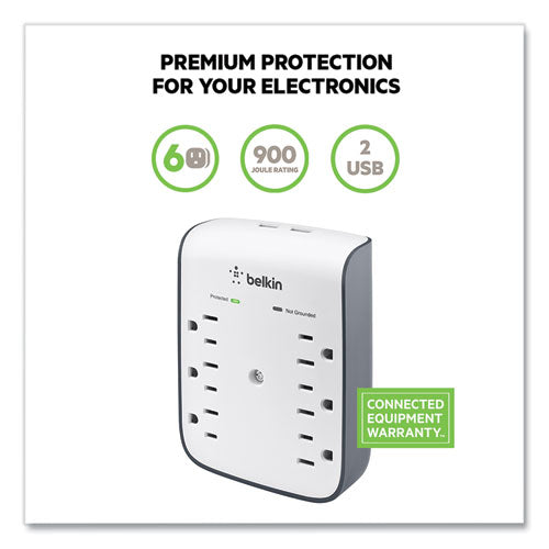Image of Belkin® SurgePlus USB Wall Mount Charger, 6 AC Outlets/2 USB Ports, 900 J, White/Black