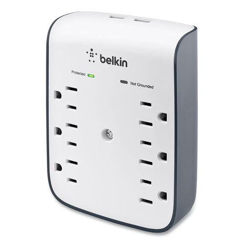 Image of Belkin® SurgePlus USB Wall Mount Charger, 6 AC Outlets/2 USB Ports, 900 J, White/Black