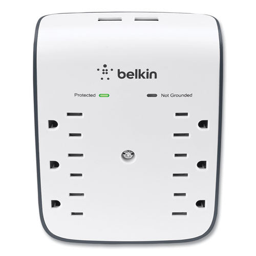 Image of Belkin® SurgePlus USB Wall Mount Charger, 6 AC Outlets/2 USB Ports, 900 J, White/Black