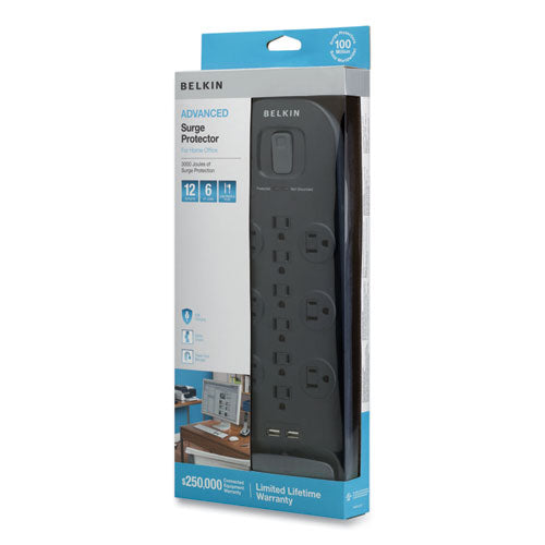 Image of Belkin® Home/Office Surge Protector, 12 AC Outlets, 6 ft Cord, 3,996 J, White/Black