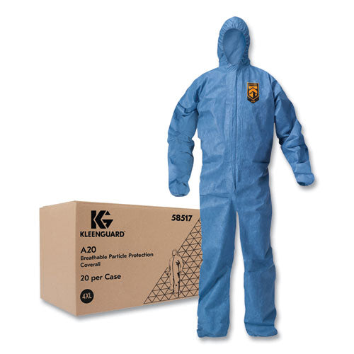 Image of KleenGuard A20 Breathable Particle Protection Coveralls, Zip Front, Hood, Elastic Back, Wrists, Ankles, 4X-Large, Blue, 20/Carton