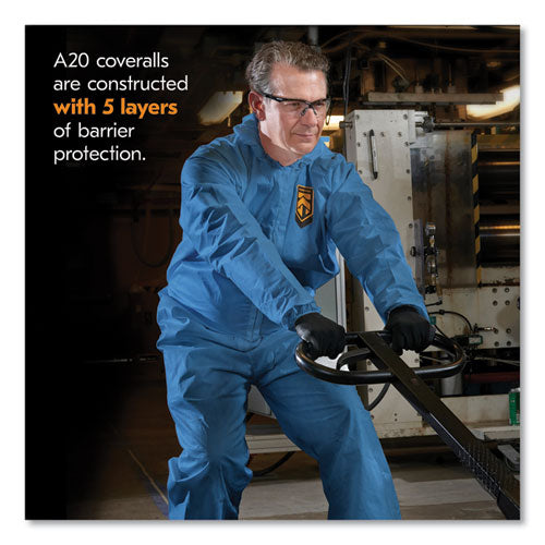 Image of KleenGuard A20 Breathable Particle Protection Coveralls, Zip Front, Hood, Elastic Back, Wrists, Ankles, 4X-Large, Blue, 20/Carton