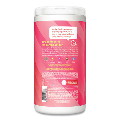 Image of Method® All Purpose Cleaning Wipes, 1 Ply, Pink Grapefruit, White, 70/Canister, 6/Carton