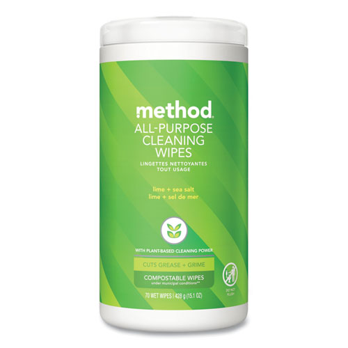 Image of Method® All Purpose Cleaning Wipes, 1 Ply, Lime and Sea Salt, White, 70/Canister, 6/Carton