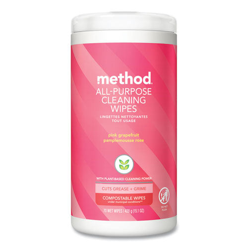 Image of Method® All Purpose Cleaning Wipes, 1 Ply, Pink Grapefruit, White, 70/Pack
