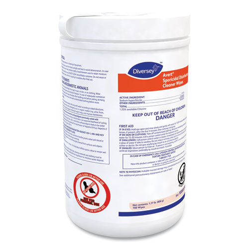 Image of Diversey Avert Sporicidal Disinfectant Cleaner Wipes, 6 x 7, Chlorine Scent, 160/Canister, 12/Carton