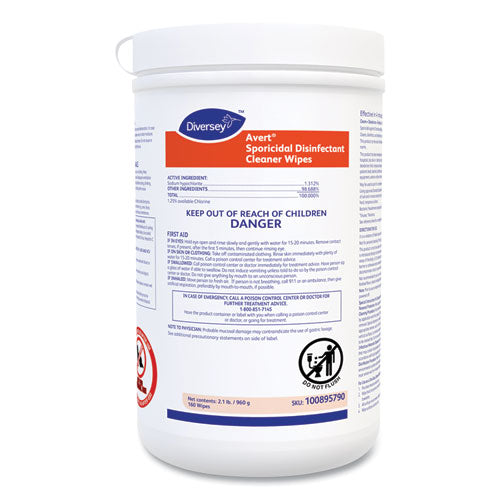 Image of Diversey Avert Sporicidal Disinfectant Cleaner Wipes, 6 x 7, Chlorine Scent, 160/Canister, 12/Carton